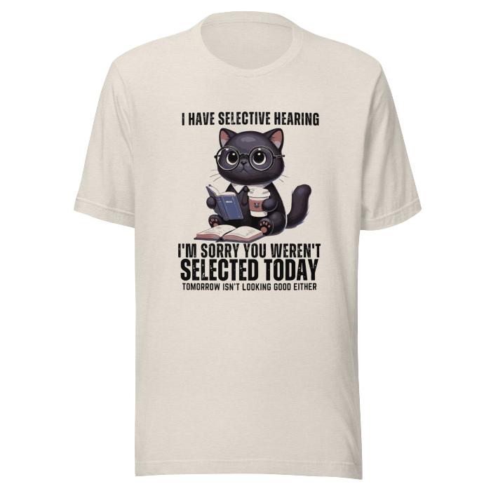 Heather dust oversized t-shirt with cat print and fun selective hearing slogan