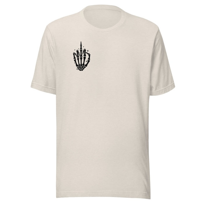 Dust classic t-shirt with skeleton hand print logo on the front and a fun slogan on the back.