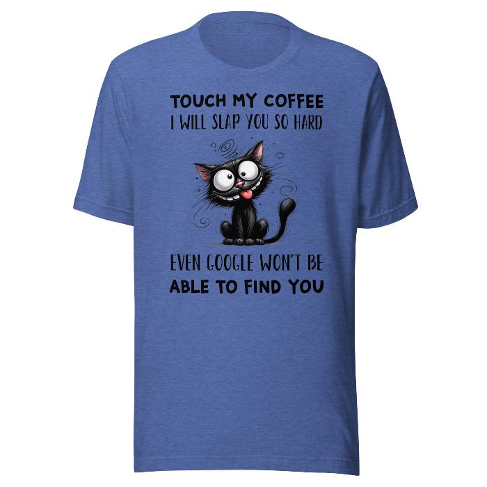 Royal blue classic, soft t-shirt with fun coffee slogan and wired black cat.