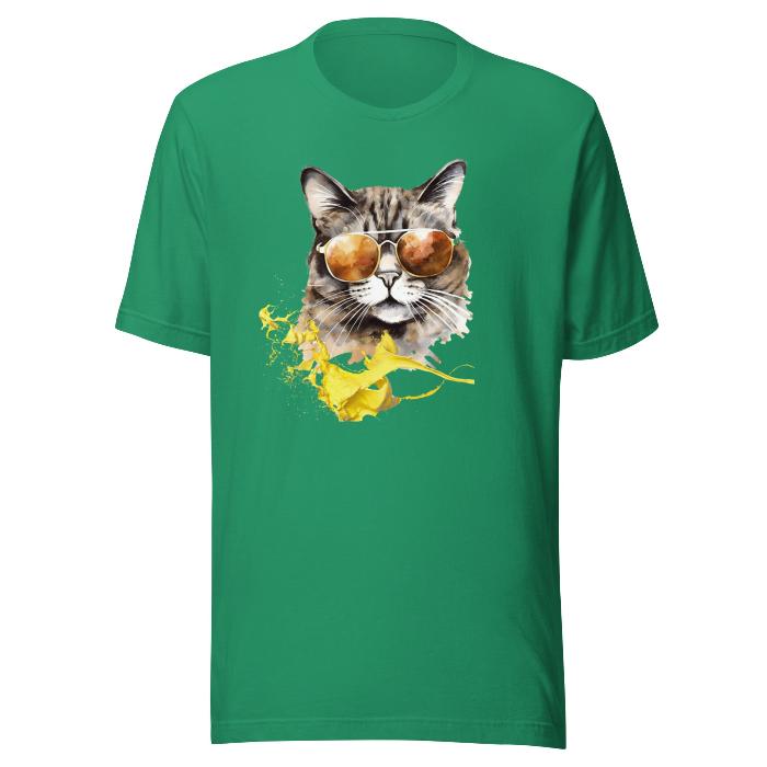 Green classic t-shirt with vibrant cat print.