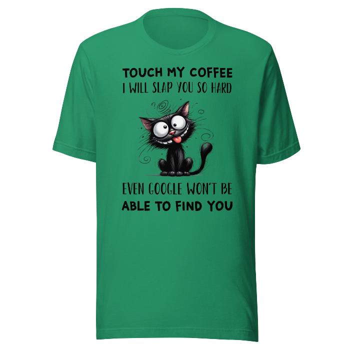 Green classic, soft t-shirt with fun coffee slogan and wired black cat.