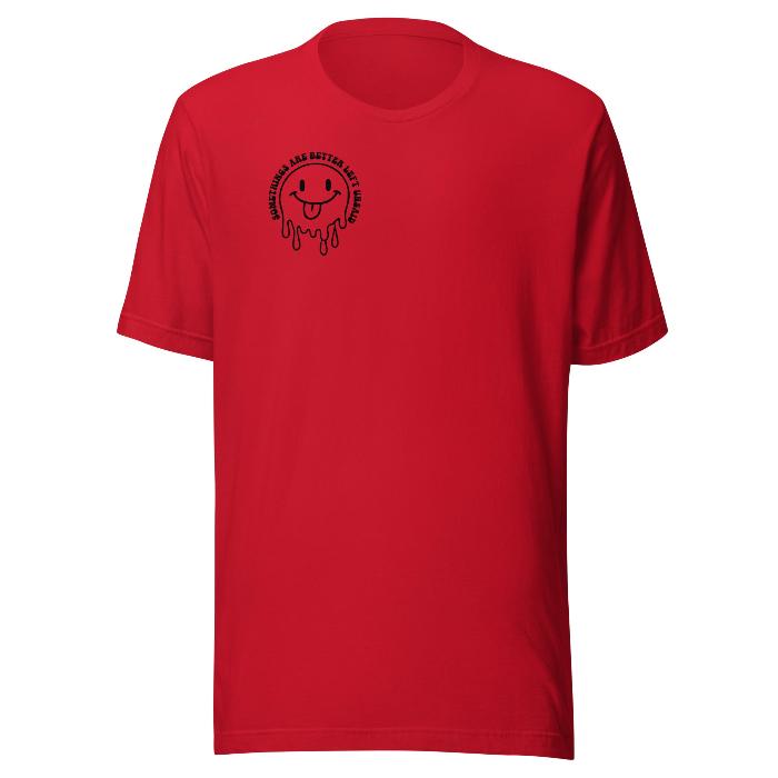 Cotton t-shirt in red. Has small front chest face logo with the slogan Some Things Are Better Left Unsaid and large slogan print on back.