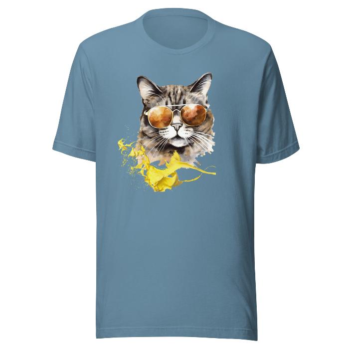 Steel blue classic t-shirt with vibrant cat print.