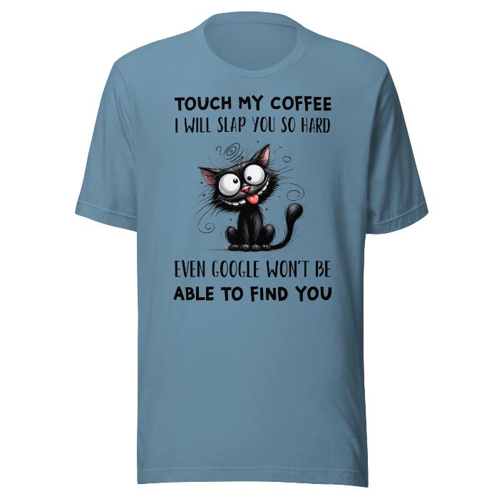 Steel blue classic, soft t-shirt with fun coffee slogan and wired black cat.