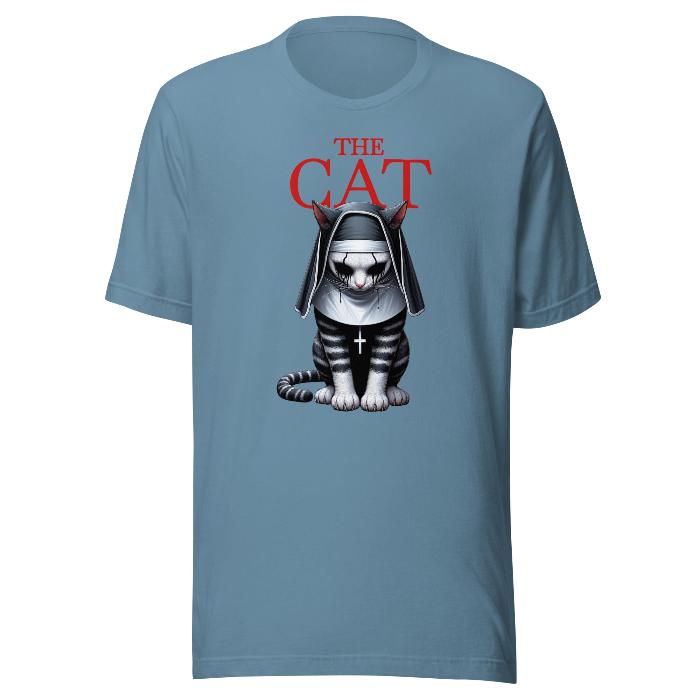 Steel blue classic t-shirt with cat print.  Perfect for movie buffs who like all things horror.