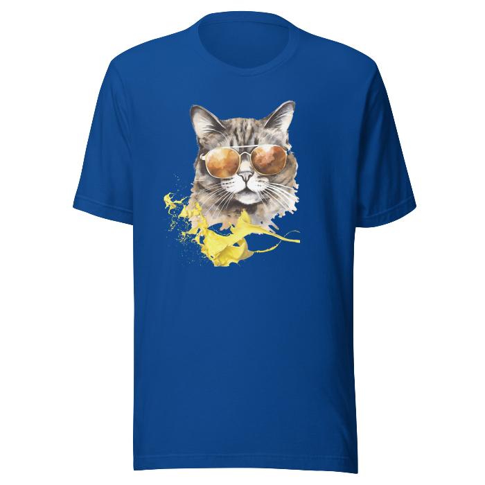 Royal blue classic t-shirt with vibrant cat print.