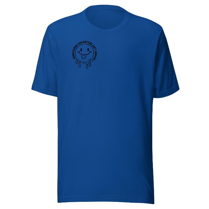 Cotton t-shirt in royal blue. Has small front chest face logo with the slogan Some Things Are Better Left Unsaid and large slogan print on back.