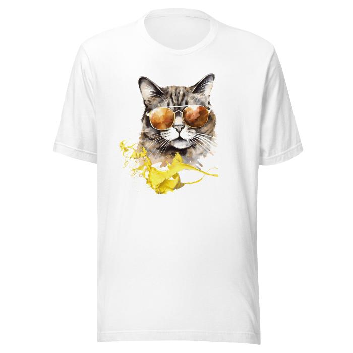 White classic t-shirt with vibrant cat print.