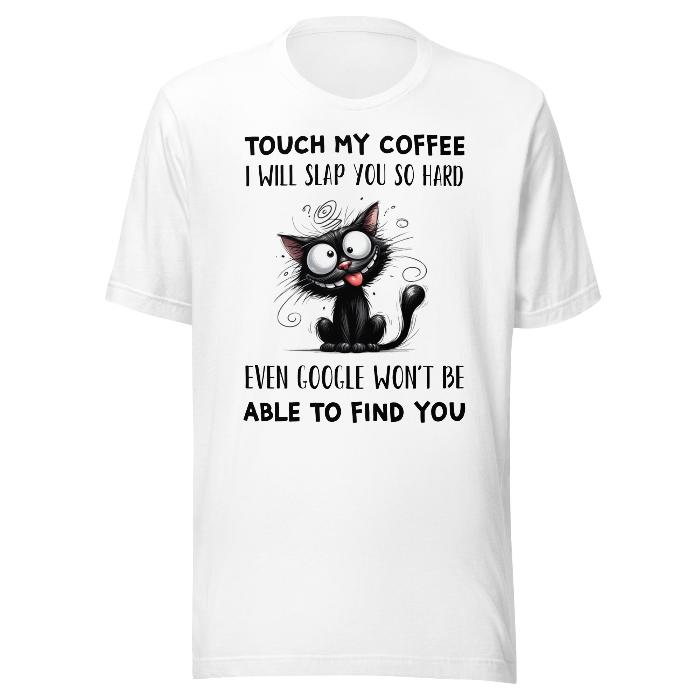 White classic, soft t-shirt with fun coffee slogan and wired black cat.