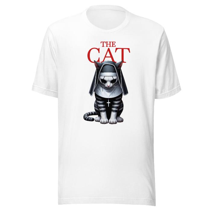 White classic t-shirt with cat print.  Perfect for movie buffs who like all things horror.