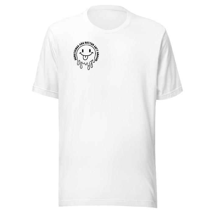 Cotton t-shirt in white. Has small front chest face logo with the slogan Some Things Are Better Left Unsaid and large slogan print on back.