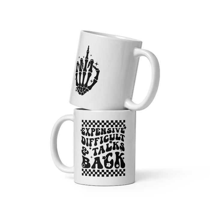 White, ceramic glossy mug with front and back print.